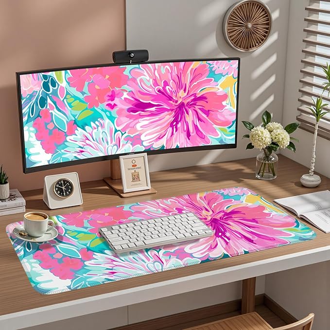 Chinoiserie Watercolor Floral Desk Mat - Pink Flower & Teal Leaves Large Mouse pad - XXL Non-Slip Desk Pad for Laptop, Vibrant Office Decor，Gaming Setup, Study Writing Mat 31.5x15.7in