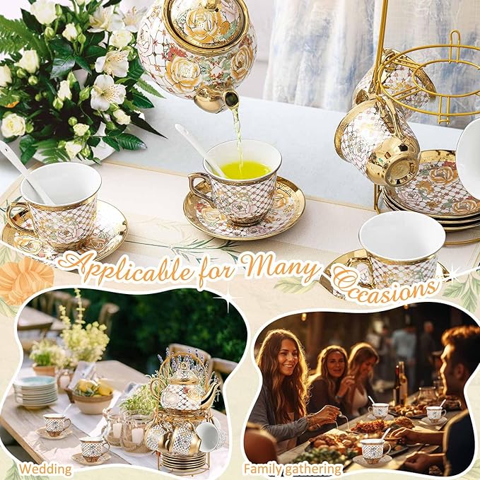 Zhehao 20 Pcs Porcelain Tea Set with Metal Holder and Spoon Adult Ceramic Tea Set European Flower Painting Teapot Cup Saucer Spoon for Women, Large Version(Delicate Style)