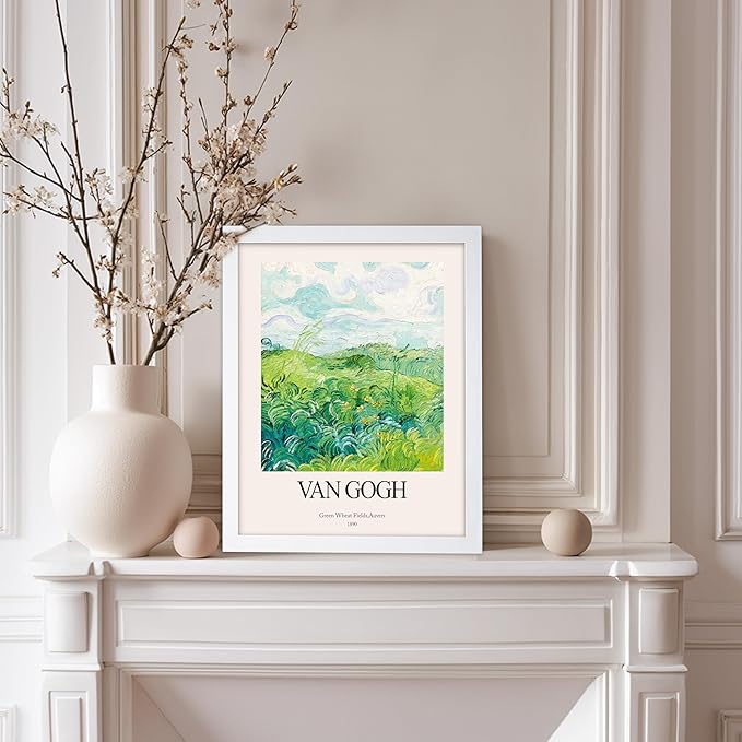 Monem Art Vintage Van Gogh Poster - Retro Impressionist Print - Green Wheat Fields, Auvers, Sky, Leaves, Landscape - Gift for Artist, Friend - Wall Decor for Home, Office, 11x14 White Framed