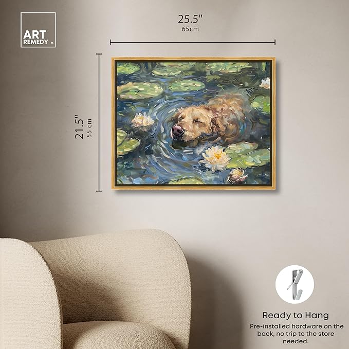 Art Remedy Monet Water Lilies Dog Rustic Chic Farmhouse Canvas Wall Art, Gold Floater Frame, 24"x20"
