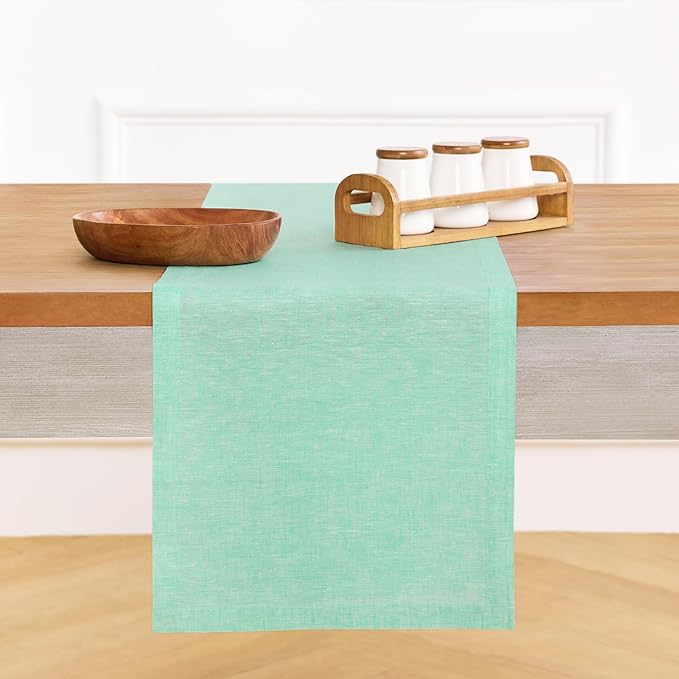 Solino Home Linen Table Runner 108 Inches Long - Athena, 100% Pure Linen Chambray Aqua Dining Table Runner 14 x 108 Inch for Winter, Spring, Easter