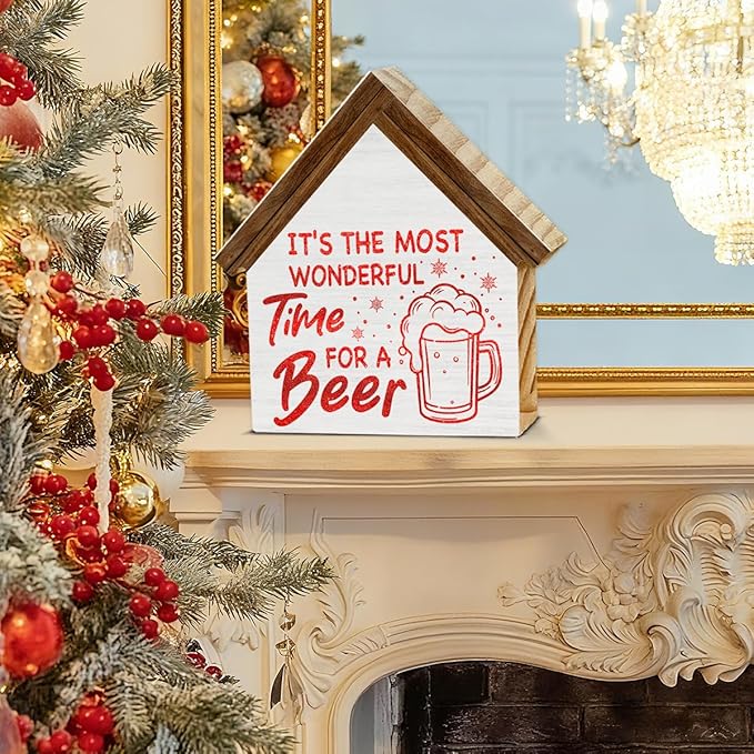 Christmas Bar Sign Decor, It's the Most Wonderful Time for a Beer House Shaped Wood Sign, Kitchen Home Bar Christmas Decorations