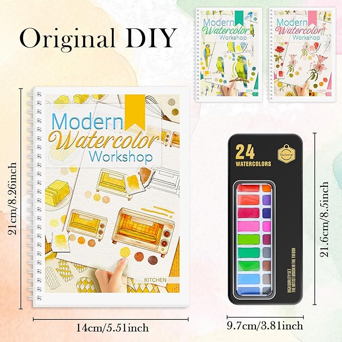 3Pcs Watercolor Workbook Paint Book Beginner Friendly Painting Kit, 36 Pages Workbooks with 24 Paint Colors & Brush for Beginners, Stress-Relieving Gift for Women Adults (Bird&Flower&Kitchen)