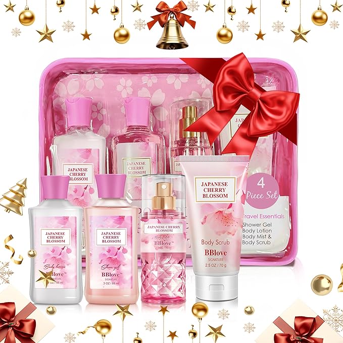 Bath and Body Gift Set for Women and Girls,Japanese Cherry Blossom,4PCS Set for-Shower Gel,Body Lotion,Body Mist,Exfoliating Scrub,Body Care Travel Set for Birthday Mother's Day Gifts