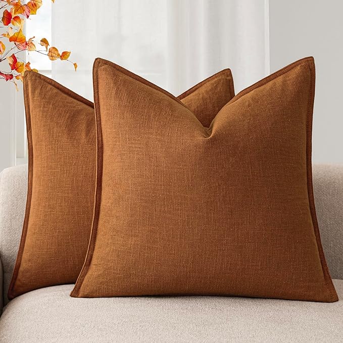 Foindtower Set of 2, Decorative Linen Soild Throw Pillow Covers Soft Accent Cushion Euro Case Boho Farmhouse Pillowcase for Chair Couch Sofa Bedroom Living Room Home Decor 18 x 18 Inch Autumn Orange