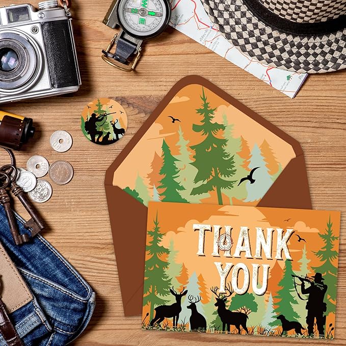 Whaline 24 Pack Hunting Camo Thank You Cards Greeting Cards with Envelopes Stickers Camouflage Camping Deer Blank Note Card for Birthday Baby Shower Party Supplies