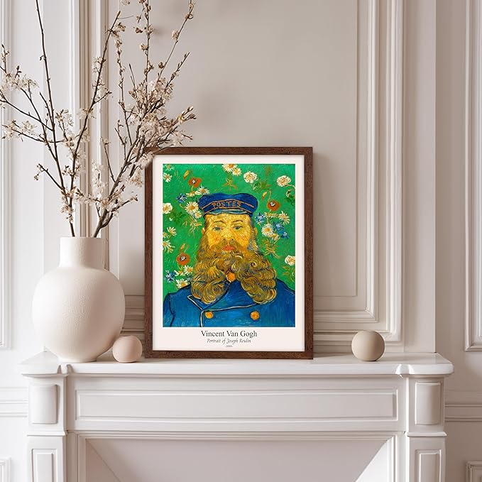 Monem Art Vintage Van Gogh Poster - Retro Portrait of the Joseph Roulin Print - Impressionism Art - Postman Art - Fine Art - Classic Painting Art - Living Room Wall Decor - 8x10 Brown Framed