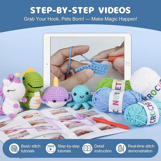 MINGOMINGO Crochet Kit for Beginners - 6 Pack Animals Amigurumi, DIY Craft for Adults and Lover, Gift for Crochet Lovers,Christmas Gifts, with Step-by-Step Video Tutorials (40%+ Yarn)