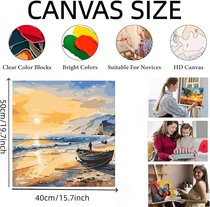 Painting by Numbers Kit for Adults Beginner,Sunset Seascape Color by Numbers for Adults,Boat Adult Paint by Number Kits on Canvas,Paint by Numbers Easy Oil Painting for Home Wall Decor 15.7X19.7 Inch