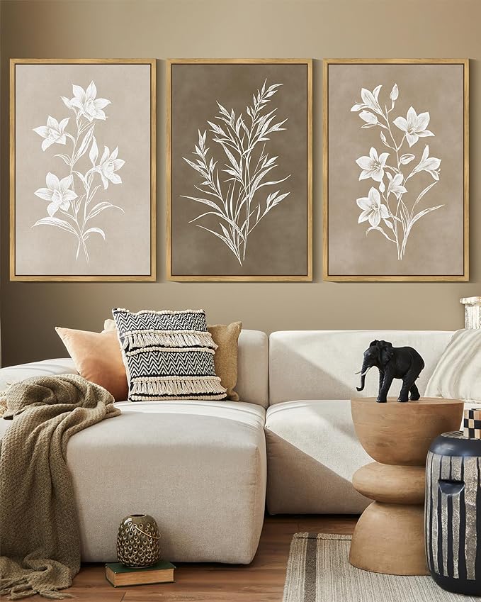 KUVIOKE Vintage Botanical Flower Framed Wall Art Colorful Neutral Boho Floral Wall Decor Botanical Retro Wildflower Modern Art Prints Rustic Home Decor 16x24in (Natural Framed)