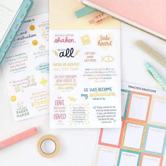 Faith Sticker Book | Pack of 15 | 276 Faith-Based Stickers | Assorted Sizes | 5x7 Sheets with Gold Foil Stamping | Inspirational Stickers for Bible Journaling, Prayer Notebooks, Planners