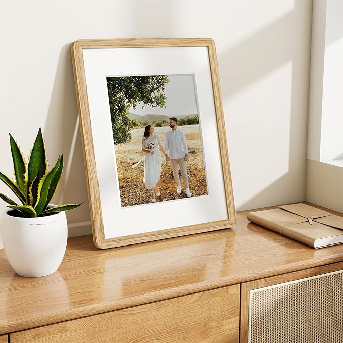 Dreamland 11x14 Picture Frame, Solid Oak Wood Photo Frame with Mat for 8x10, Round Corner 11 x 14 Matted Picture Frames with Resistant Plexiglass for Wall Mounting or Tabletop, Oak Color, Set of 1