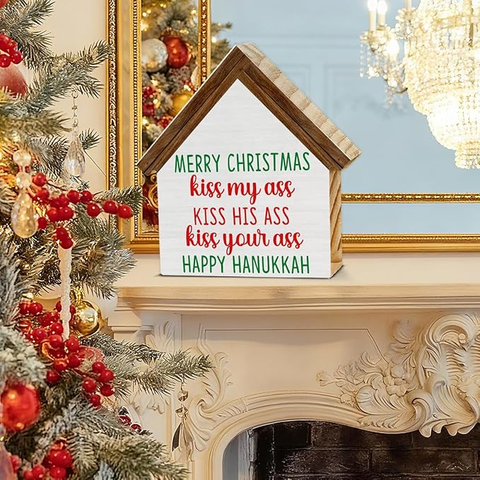 Lampoon Christmas Vacation Decor, Merry Christmas House Shaped Wooden Sign, Rustic Home Decor for Desk Table Shelf