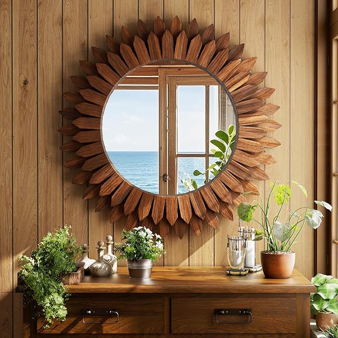 24 Inch Walnut Boho Wall Decor Sunburst Mirror - Round Wooden Wall Decor, Handmade Rustic Circular Mirror for Living Room, Bedroom, Entryway, Office