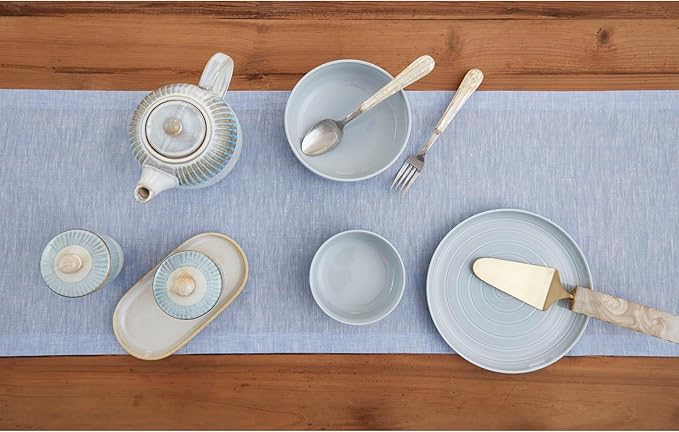 Solino Home Linen Table Runner 120 Inches Long - Athena, 100% Pure Linen Chambray Blue Table Runner 14 x 120 Inch for Dining, Winter, Spring, Easter