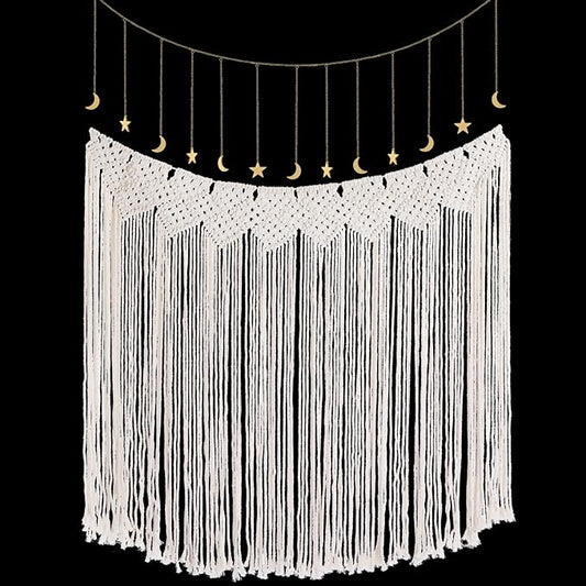 SmoothNovelty Macrame Wall Hanging Large Boho Wall Decor Aesthetic Dorm Room Decor Set Macrame Woven Tapestry Boho Tassel Art Home Decoration Moon Star Garland for Bedroom Dormitory Gift