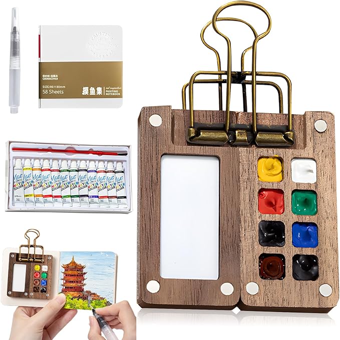 Mini Watercolor Travel Set, Mini Watercolor Paint Set, Pocket Watercolor Sets with Paint, Brush, Sketchbook & Copper Clip, Travel Water color Kit for Beginners, Artists & Painting (8 Grids)