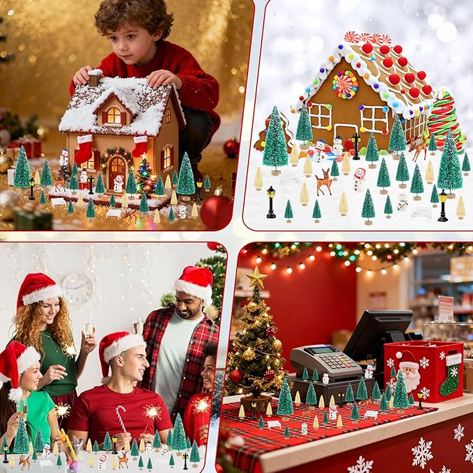 PLULON 33Pcs Christmas Village Accessories for Crafts Mini Christmas Trees Xmas Figurines Ornaments Bottle Brush Trees Snowman Deer Micro Landscape for Winter Holiday Home Party Decorations