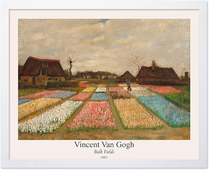Monem Art Vintage Van Gogh Poster - Retro Bulb Fields Print - Flower Beds in Holland Art - Impressionism Art - Fine Art - Classic Painting Art - Great Bedroom Wall Decor - 11x14 White Framed