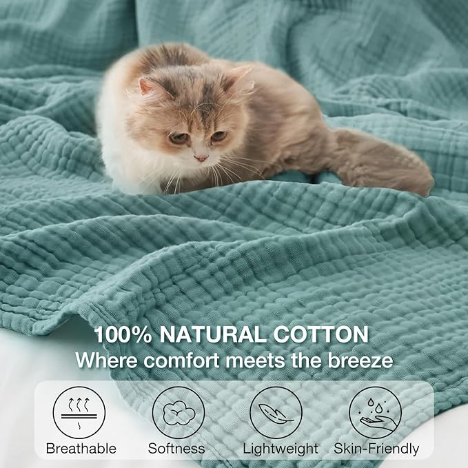 100% Cotton Muslin Blanket Queen 90" x 90", 6 Layers Breathable and Lightweight Cotton Throw Blanket for Bed, Soft Quilt Bedspread Coverlet, Gauze Blanket for Adults All Season, Teal