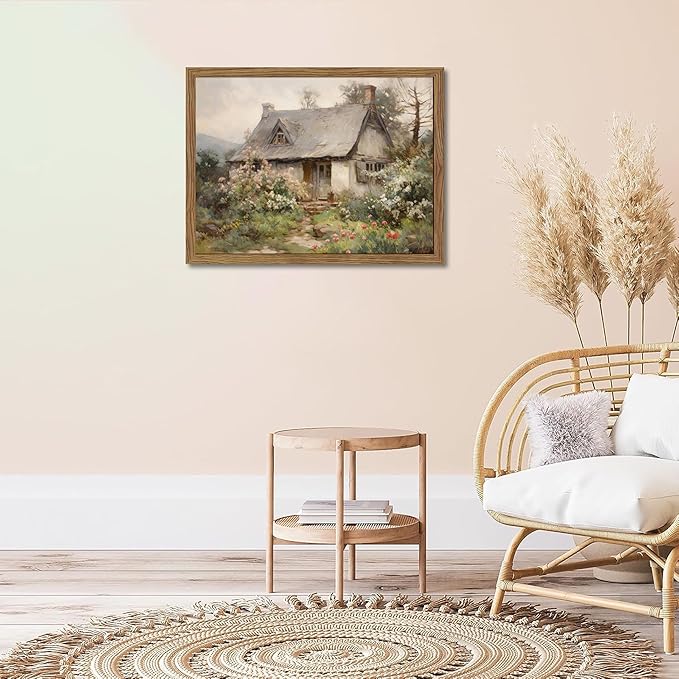 Framed Farmhouse Wall Decor, Country Cottage Pictures Wall Art, Pastoral Nature Landscape Canvas Print, Vintage Farm House Oil Painting Artwork for Bedroom Living Room – 12x16 inch