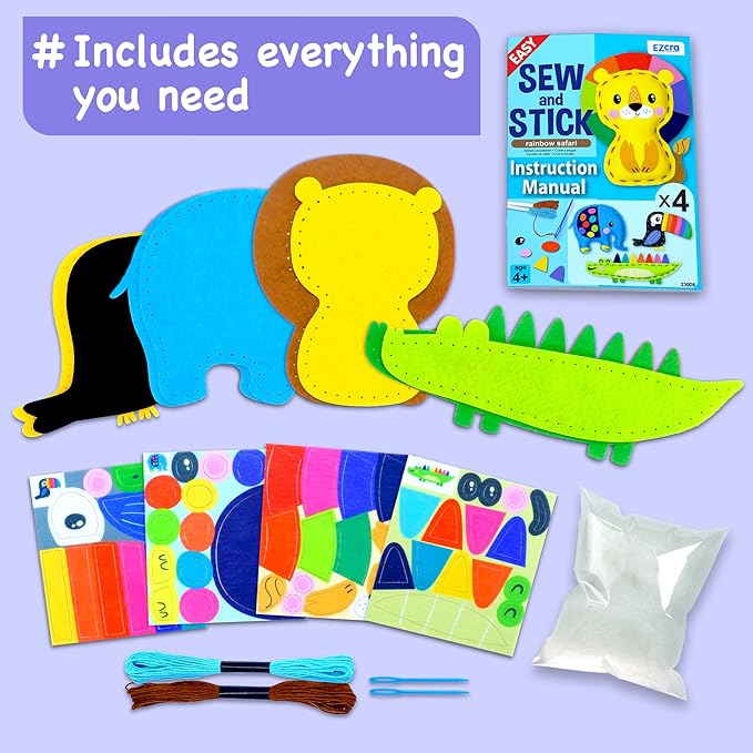 EZCRA Safari Animals Sewing Kit for Kids Ages 4-8, No-Mess Felt Craft Projects, 4 Easy Beginner Learn-to-Sew Toys for Boys and Girls