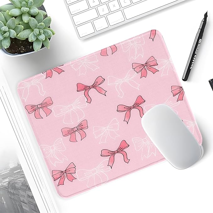 Seorsok Square White Line Drawing-Bows and Abstract Bows Mouse Mat,Premium Textured Mouse Pads for Office Laptop,Washable Square Mousepads with Extended Stitched Edges Non Slip Rubber Base,Pink