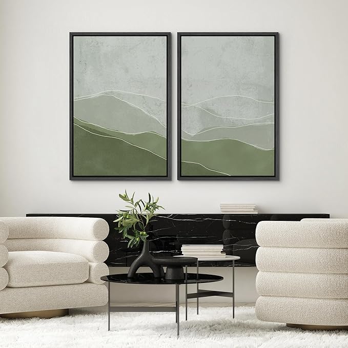 SIGNWIN Framed Wall Art Print Set Faded Green & Gray Wave Landscape Abstract Shapes Illustrations Modern Art Bohemian Relax/Calm Multicolor for Living Room, Bedroom, Office - 24"x36"x2 Black