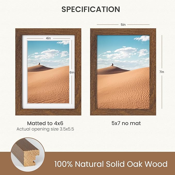 Dreamland 5x7 Picture Frame, Solid Oak Wood Photo Frame with Mat for 4x6, 5 x 7 Matted Picture Frames with Resistant Plexiglass for Wall Mounting or Tabletop, Walnut Color, Set of 1