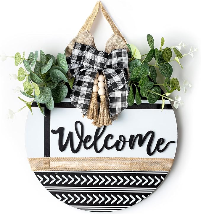 Welcome Sign for Front Door Decor - Walasis Hanging Welcome Signs for All Season Boho Wall Decoration 12inch Wooden Farmhouse Eucalyptus Wreath with Bow Beads for Home