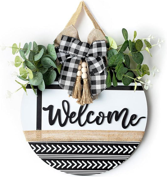 Welcome Sign for Front Door Decor - Walasis Hanging Welcome Signs for All Season Boho Wall Decoration 12inch Wooden Farmhouse Eucalyptus Wreath with Bow Beads for Home