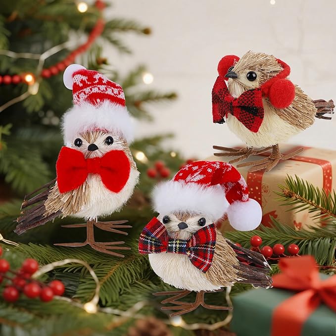 Set of 3 Christmas Birds Table Top Decorations, Christmas Twig Bird Figurines with Plush Hat, Red Bird Xmas Ornaments Tabletop Decor for Mante Kitchen Fireplace Home Holiday