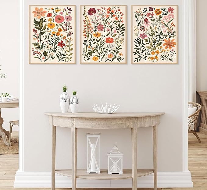 ELESFEK 3Pcs Colorful Wildflower Wall Art Boho Floral Canvas Posters Botanical Prints Flowers Painting Wildflower Nursery Pictures Wall Decor for Living Room Bedroom Unframed