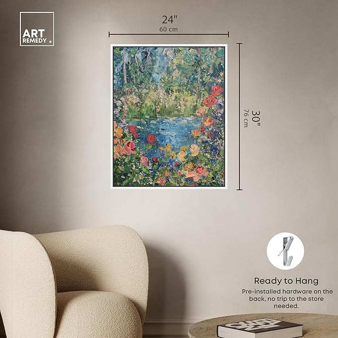 Art Remedy Serene Escape Framed Impressionism 1 Piece Canvas Wall Art/Monet And Van Gogh Inspired Art, 25" x 31", White Frame