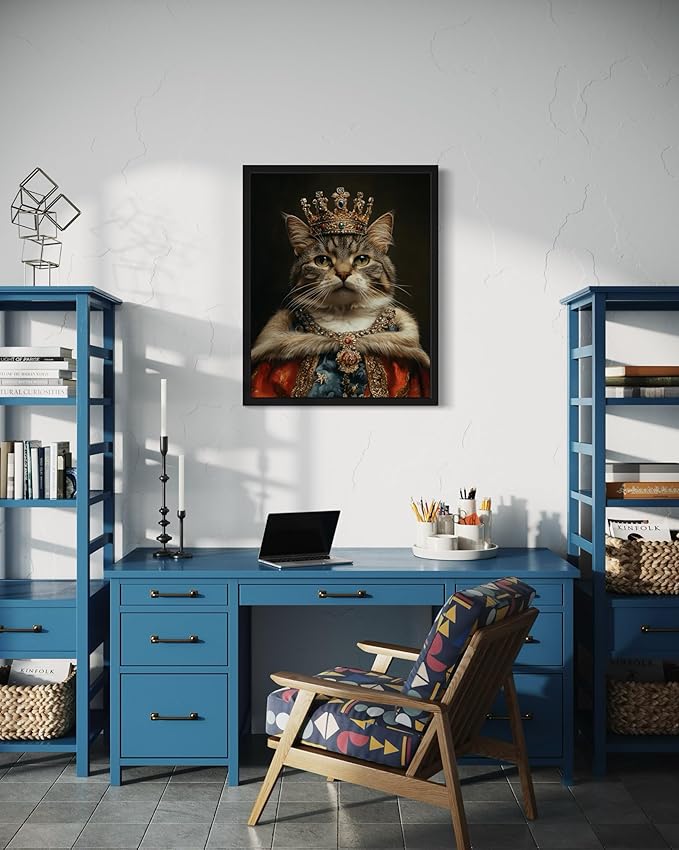 Royal Crown Cat Art Poster Print, Cat Kitten Painting Humor Portrait Pet Artwork Decor Gallery A8 (Royal Crown, 11 x 14 inches, Black Frame)