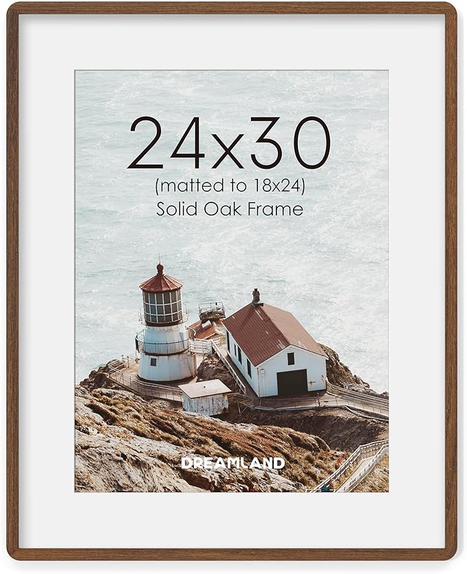 Natural Oak Wood Picture Frame 24x30, Wooden Poster Frame with Mat for 18x24, Round Corner 24 x 30 Matted Picture Frames with Resistant Plexiglass for Wall Mounting or Tabletop, Walnut Color, Set of 1