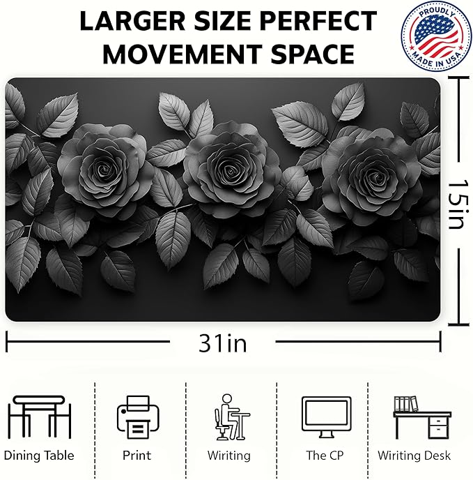 Luxury Black Rose Desk Mat Large Gaming Mouse Pad with Elegant 3D Floral Design and Dark Aesthetic Desk Pad for Office Home Gift for Gamers Artists Minimalist Lovers, 31x15in