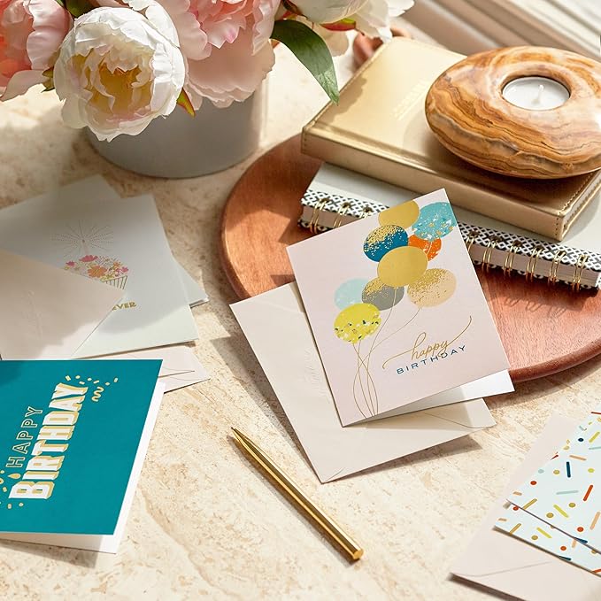 Hallmark Modern Elegance Birthday Note Card Assortment (24 Blank Cards with Envelopes) Teal, Pink, Gold Balloons, Cupcake, Confetti
