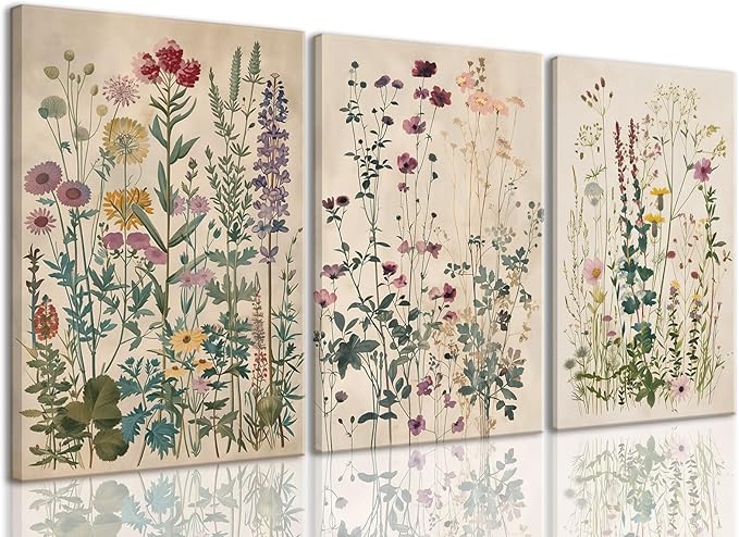 TUEASKY 3 Piece Colorful Wildflower Canvas Wall Art Vintage Flower Wall Art Watercolor Floral Decor Botanical Prints for Living Room Bedroom Office 12x16in Framed