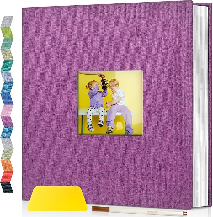 popotop Photo Album Self Adhesive with Picture Display Window,60 Pages DIY Scrapbooking Supplies Kit for 4x6 10x12 Picture,Linen Cover Memory Book for Baby Wedding, with Scraper and Metallic Pen