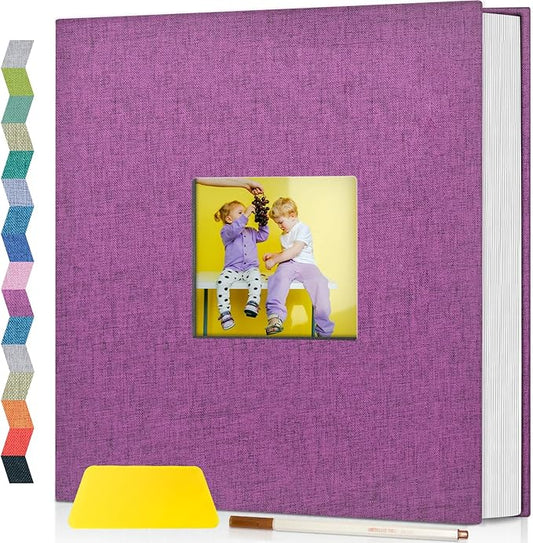 popotop Photo Album Self Adhesive with Picture Display Window,60 Pages DIY Scrapbooking Supplies Kit for 4x6 10x12 Picture,Linen Cover Memory Book for Baby Wedding, with Scraper and Metallic Pen