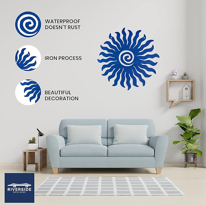 Riverside Designs Sunburst Metal Wall Art Steel Outdoor Decor - Heavy-Duty and Waterproof - Made in USA (12", Blue)