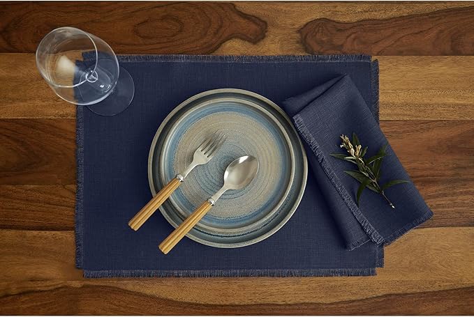 Solino Home Navy Blue Linen Napkins Set of 4-100% Pure Linen Cloth Washable Dinner Napkins 20 x 20 Inch for Winter - Fringe