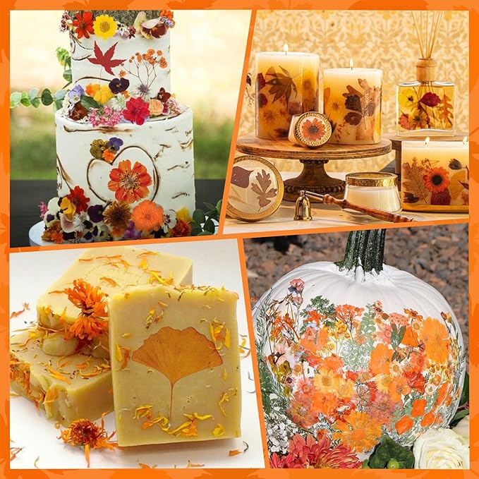 140 Pcs Fall Dried Pressed Flowers with Tweezer, Fall Themed Real Dried Flowers Leaves for DIY Crafts Resin Molds, Yellow Orange Dried Flowers for Autumn Halloween Thanksgiving Decorations