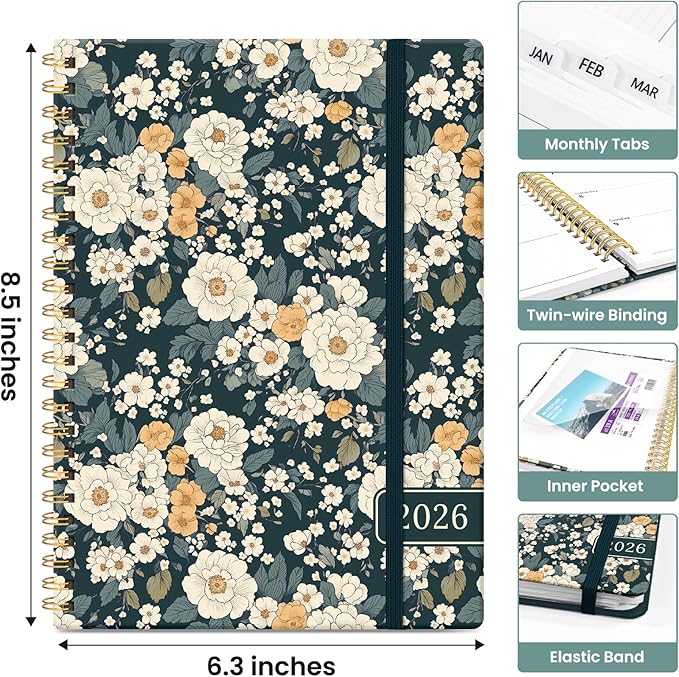 2026 Planner, Monthly and Weekly Calendar Planner for Women, Jan 2026 - Dec 2026, Hardcover Pretty 2026 Agenda Planner Book with Tabs, Spiral Bound, Perfect for School Office Home Supplies, 6.3" x 8.5" - Classic Floral