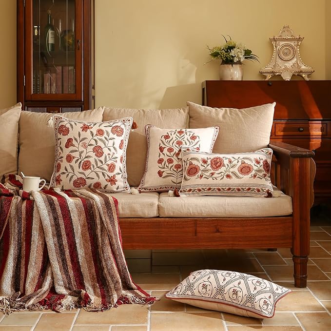 ISAENNE Design Linen Square Rectangle Vintage Throw Pillow Covers Set of 4, Red Euro Cushion Covers with Orange Floral Green Leaves Pattern Decor Pillowcases for Bed,Living Room,Outdoor,Car