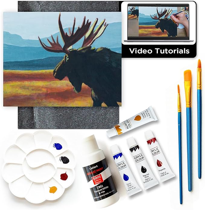 DIY Painting Class Kit for Adults with Video Tutorials: Learn to Paint Moose – How to Paint with Acrylics – Painting & Art Supplies – 9 Piece Acrylic Paint Set