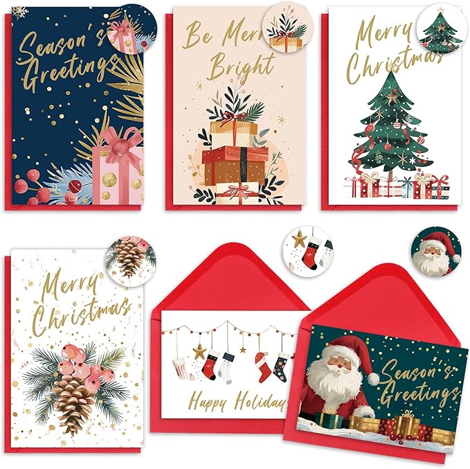 Christmas Cards Assortment, 24 Pcs Greeting and New Years Cards with 6 Designs for Christmas, Holiday, New Year Gift (4x6 Inch)