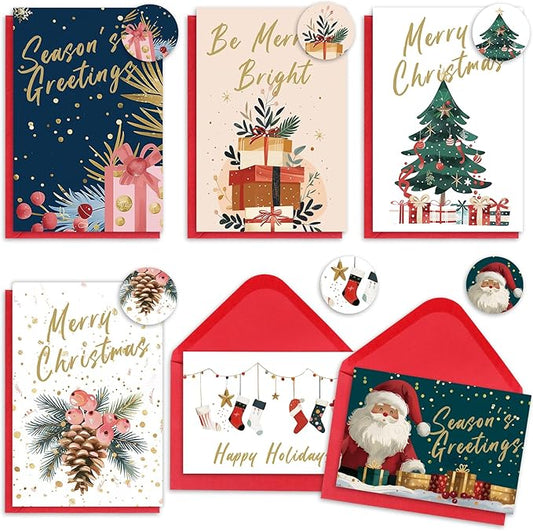 Christmas Cards Assortment, 24 Pcs Greeting and New Years Cards with 6 Designs for Christmas, Holiday, New Year Gift (4x6 Inch)
