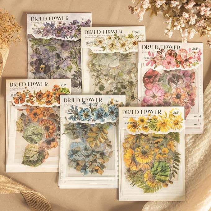 216PCS Scrapbook Stickers Set,Transparent Dried Flower Stickers for Journaling,Scrapbooking,Junk Journal Supplies,Photo Frame,Phone Case,Cups,Planner,DIY Craft(Dried Flowers)